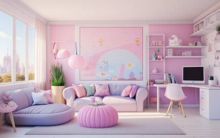 Stylish interior of a childrens room in pink color. room for little girls.の素材