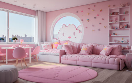 Stylish interior of a childrens room in pink color. room for little girls.の素材