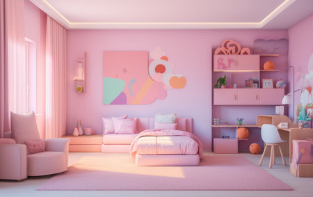 Stylish interior of a childrens room in pink color. room for little girls.の素材