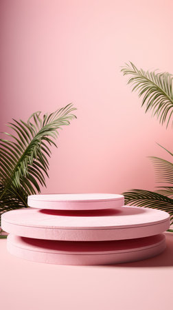 Wooden podium for the display of cosmetic products with tropical leaves. pink advertising background for the product.の素材