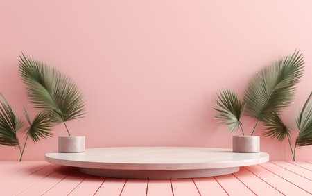 Wooden podium for the display of cosmetic products with tropical leaves. pink advertising background for the product.の素材