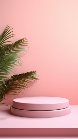 Wooden podium for the display of cosmetic products with tropical leaves. pink advertising background for the product.の素材