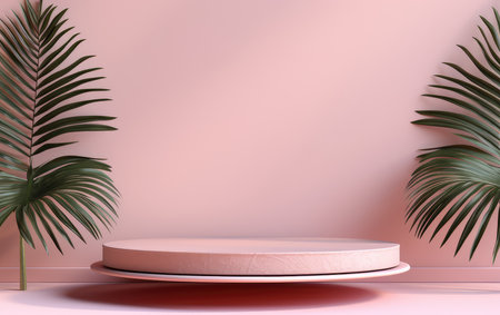 Wooden podium for the display of cosmetic products with tropical leaves. pink advertising background for the product.の素材