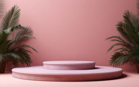 Wooden podium for the display of cosmetic products with tropical leaves. pink advertising background for the product.の素材
