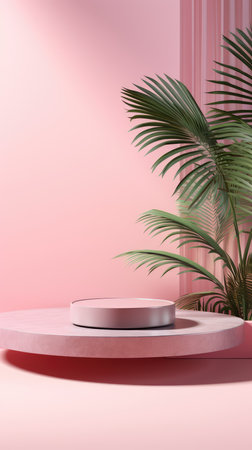 Wooden podium for the display of cosmetic products with tropical leaves. pink advertising background for the product.の素材
