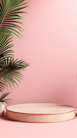 Wooden podium for the display of cosmetic products with tropical leaves. pink advertising background for the product.の素材