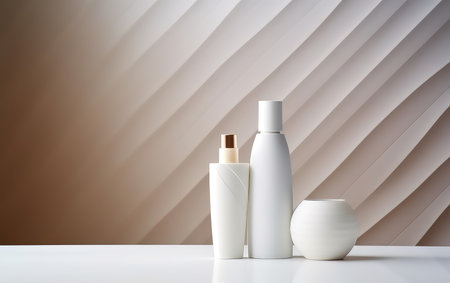Background from a set of female professional cosmetics for face and body care. Cosmetic tubes with skin care product.の素材