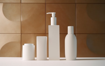 Background from a set of female professional cosmetics for face and body care. Cosmetic tubes with skin care product.の素材