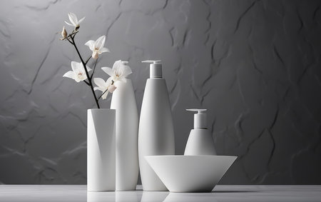 Background from a set of female professional cosmetics for face and body care. Cosmetic tubes with skin care product.の素材