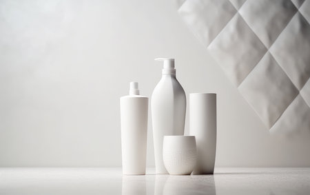 Background from a set of female professional cosmetics for face and body care. Cosmetic tubes with skin care product.の素材
