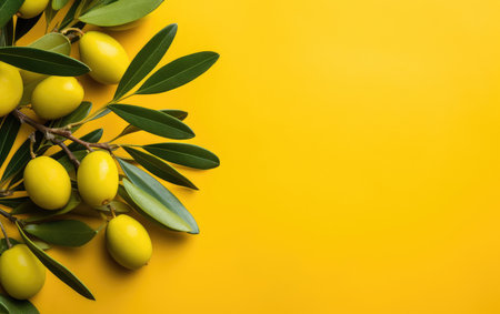 Background olive branch on a green background. green olives. olive oil. green banner. copy space.の素材