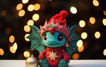 Christmas dragon in a Santa Claus hat. Symbol of 2024. christmas background with festive dragon. New Year.の素材