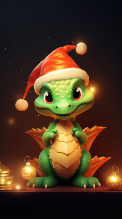 Christmas dragon in a Santa Claus hat. Symbol of 2024. christmas background with festive dragon. New Year.の素材