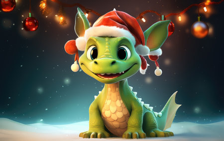 Christmas dragon in a Santa Claus hat. Symbol of 2024. christmas background with festive dragon. New Year.の素材