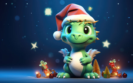 Christmas dragon in a Santa Claus hat. Symbol of 2024. christmas background with festive dragon. New Year.の素材