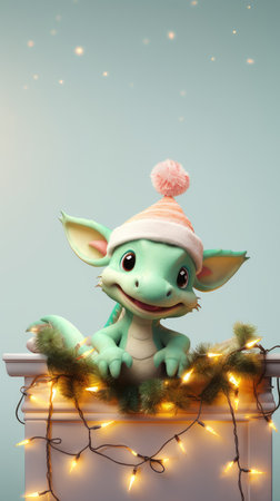 Christmas dragon in a Santa Claus hat. Symbol of 2024. christmas background with festive dragon. New Year.の素材