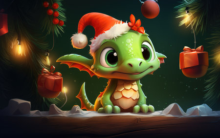 Christmas dragon in a Santa Claus hat. Symbol of 2024. christmas background with festive dragon. New Year.の素材