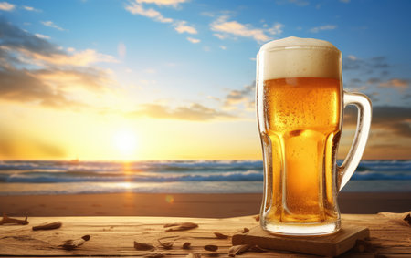 Summer refreshing beer with a beach background and free space for your decoration. cool refreshing alcoholic drink.の素材