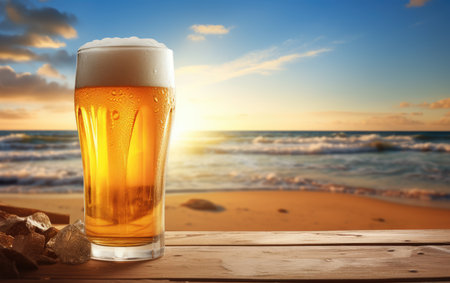 Summer refreshing beer with a beach background and free space for your decoration. cool refreshing alcoholic drink.の素材