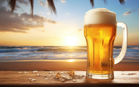 Summer refreshing beer with a beach background and free space for your decoration. cool refreshing alcoholic drink.の素材