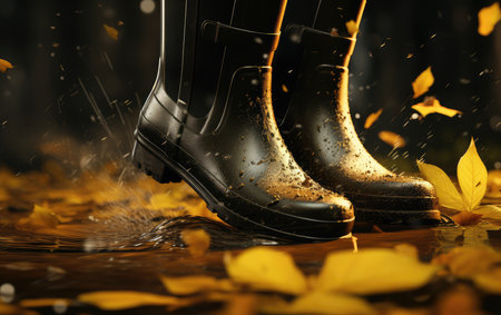 Rubber yellow boots in an autumn park with orange leaves. Autumn has come. rain season.の素材