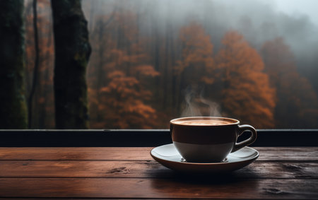 Autumn nature view, warm mug of coffee. autumn weather. warming hot drink.の素材