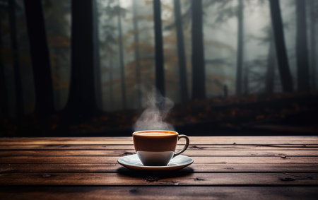 Autumn nature view, warm mug of coffee. autumn weather. warming hot drink.の素材