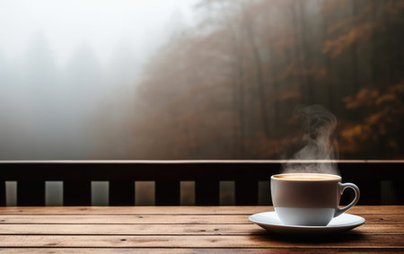Autumn nature view, warm mug of coffee. autumn weather. warming hot drink.の素材