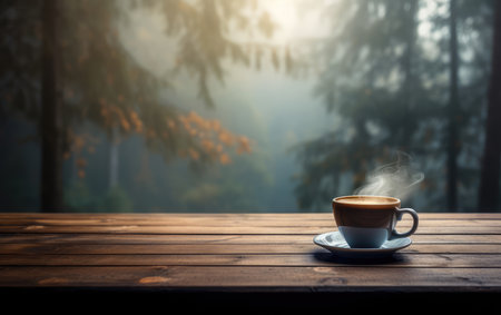 Autumn nature view, warm mug of coffee. autumn weather. warming hot drink.の素材