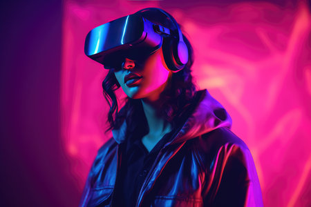 Girl in virtual reality glasses. neon light. metaverse. virtual world.の素材