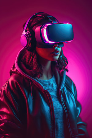 Girl in virtual reality glasses. neon light. metaverse. virtual world.の素材