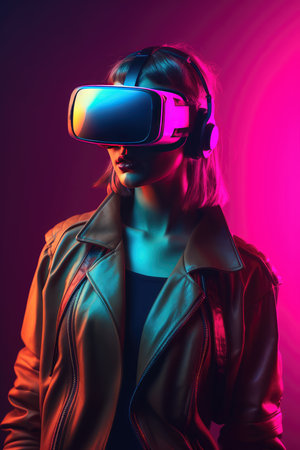 Girl in virtual reality glasses. neon light. metaverse. virtual world.の素材