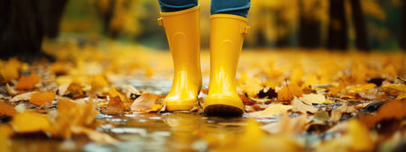 rubber yellow boots on autumn leaves in the park. protect your feet from the rain. Autumn has come. yellow leaves.の素材