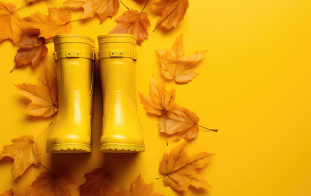 rubber yellow boots on autumn leaves in the park. protect your feet from the rain. Autumn has come. yellow leaves.の素材
