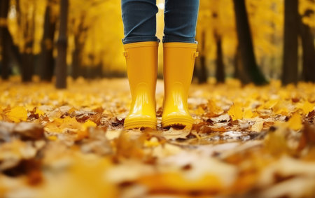rubber yellow boots on autumn leaves in the park. protect your feet from the rain. Autumn has come. yellow leaves.の素材