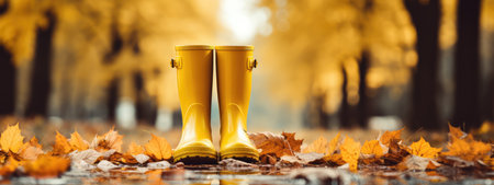 rubber yellow boots on autumn leaves in the park. protect your feet from the rain. Autumn has come. yellow leaves.の素材