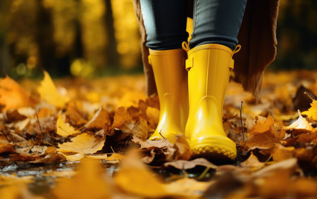 rubber yellow boots on autumn leaves in the park. protect your feet from the rain. Autumn has come. yellow leaves.の素材