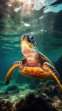 Portrait of a sea turtle swimming underwater in the ocean, underwater world. Generative AIの素材