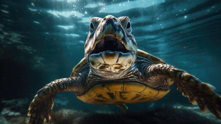 Portrait of a sea turtle swimming underwater in the ocean, underwater world. Generative AIの素材