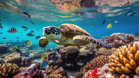 Portrait of a sea turtle swimming underwater in the ocean, underwater world. Generative AIの素材