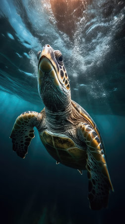 Portrait of a sea turtle swimming underwater in the ocean, underwater world. Generative AIの素材