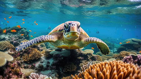 Portrait of a sea turtle swimming underwater in the ocean, underwater world. Generative AIの素材