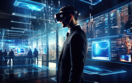 businessman in virtual reality glasses, digital hologram, VR technology. Business, finance concept.の素材