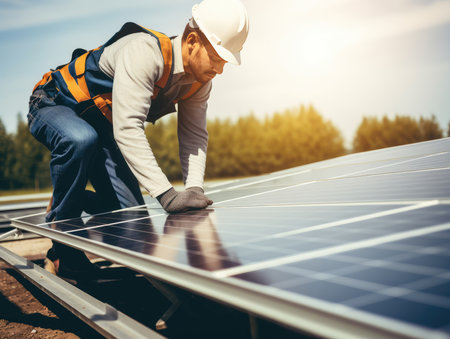 A worker on the roof kneels next to solar panels. for a sustainable life. solar energy. green technologies.の素材