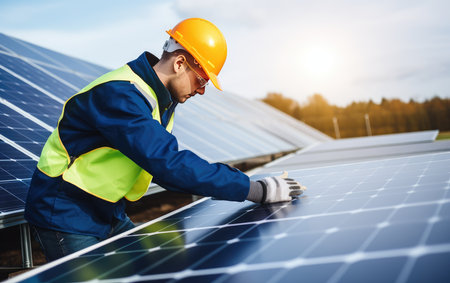 A worker on the roof kneels next to solar panels. for a sustainable life. solar energy. green technologies.の素材