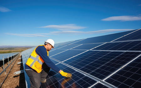 A worker on the roof kneels next to solar panels. for a sustainable life. solar energy. green technologies.の素材