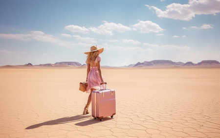 woman in a stylish pink dress with a pink suitcase in the sand. Travel concept and idea. holidays in warm countries.の素材