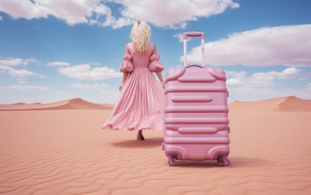 woman in a stylish pink dress with a pink suitcase in the sand. Travel concept and idea. holidays in warm countries.の素材