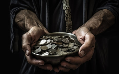 Close-up of the hands of a homeless man asking for help and money. Problems of large modern cities and outskirts. Indifference of people. Social issues of the world.の素材