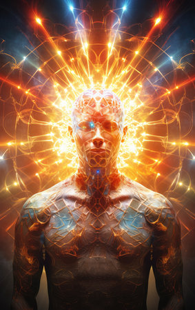 illustration of the human body with energy rays, peace of mind, restoration of strength, concentration of energy.の素材